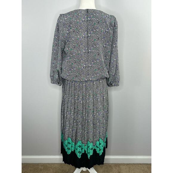 Vintage 80s Kristen Abstract Print Dress Size Medium Pleated Skirt Shoulder Pads - Picture 4 of 5